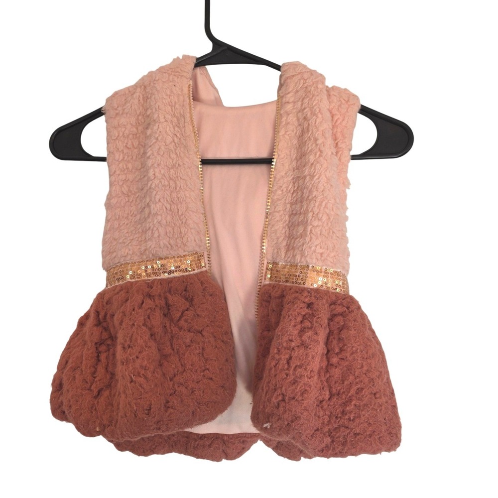 Little Lass‎ Girls Faux Fur Hooded Vest Pink Mauve Sequin Trim 4T